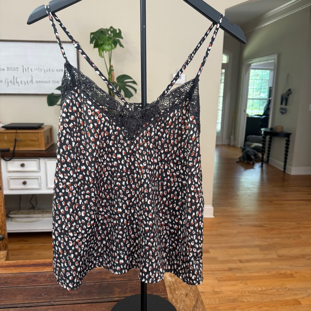 Aerie Leopard Print Lace Trim Cami Top Black Rust Orange Women Large